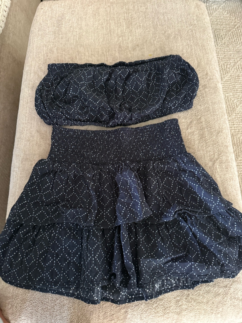 Universal Thread Navy Blue with White Dot Print skirt and matching top.